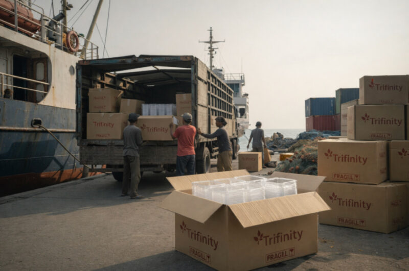 Dari Tangerang untuk Maluku dan Papua! 🚢📦 Jarak bukan lagi penghalang buat UMKM di Timur dapat kemasan kualitas ekspor. Dengan packing ekstra kuat, wadah Trifinity dijamin sampai dalam kondisi sempurna tanpa penyok.